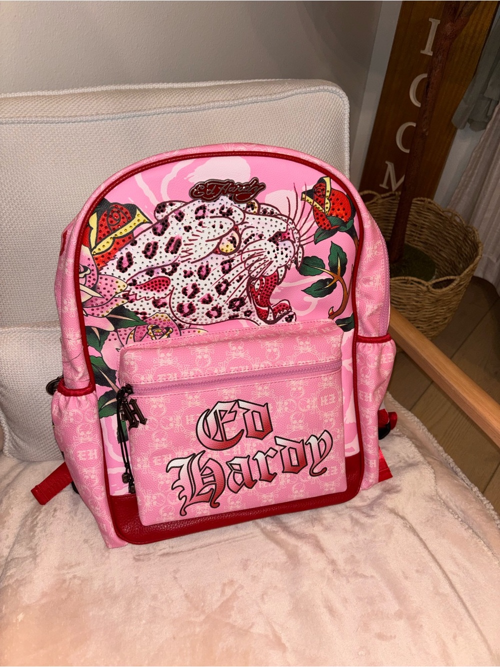 Ed Hardy Pink Leopard Floral Backpack with Red Trim